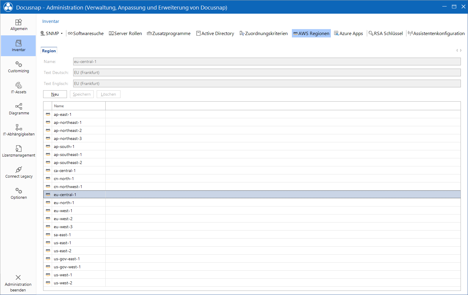 Docusnap Administration Inventar AWS Regionen Docusnap Administration Inventar AWS Regionen