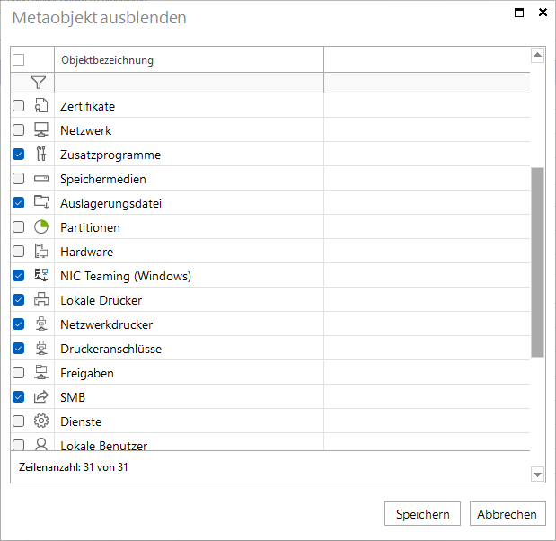 Docusnap Metaobjekte ausblenden Dialog Snapshots