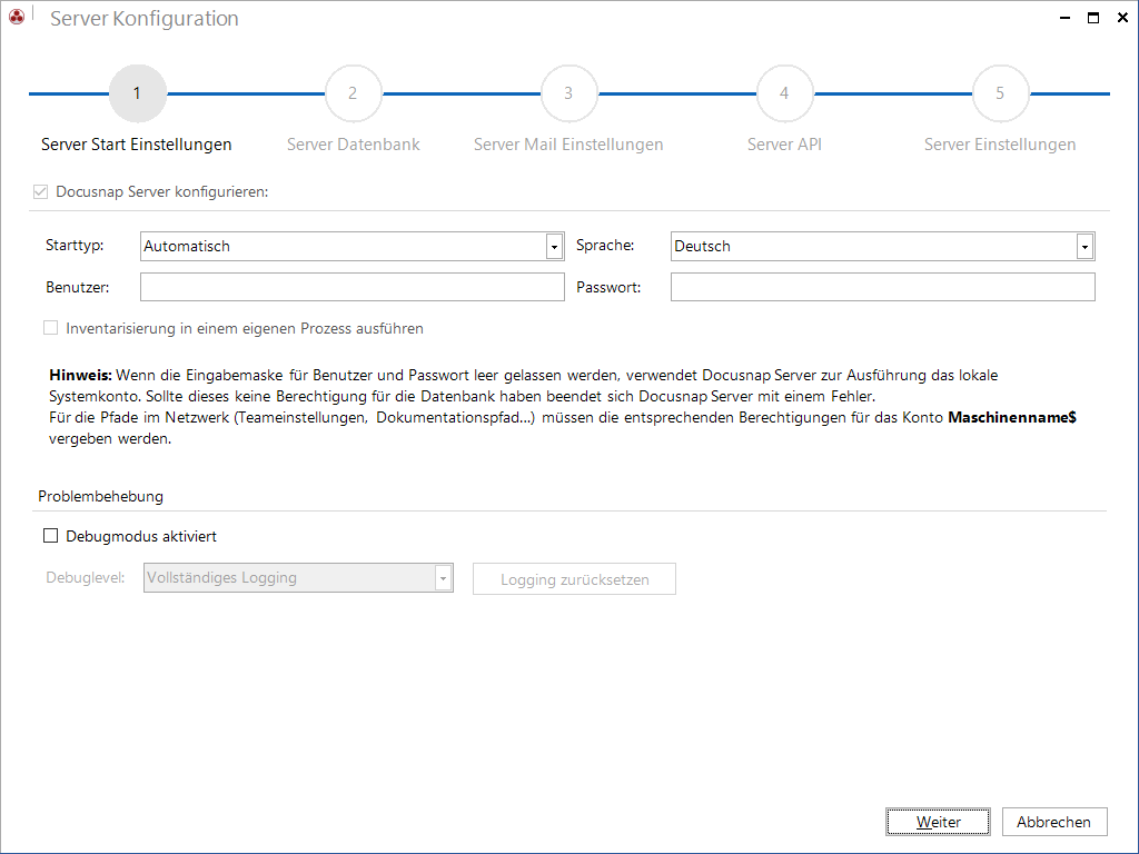 Docusnap Konfiguration Server Start-Einstellungen Docusnap Konfiguration Server Start-Einstellungen