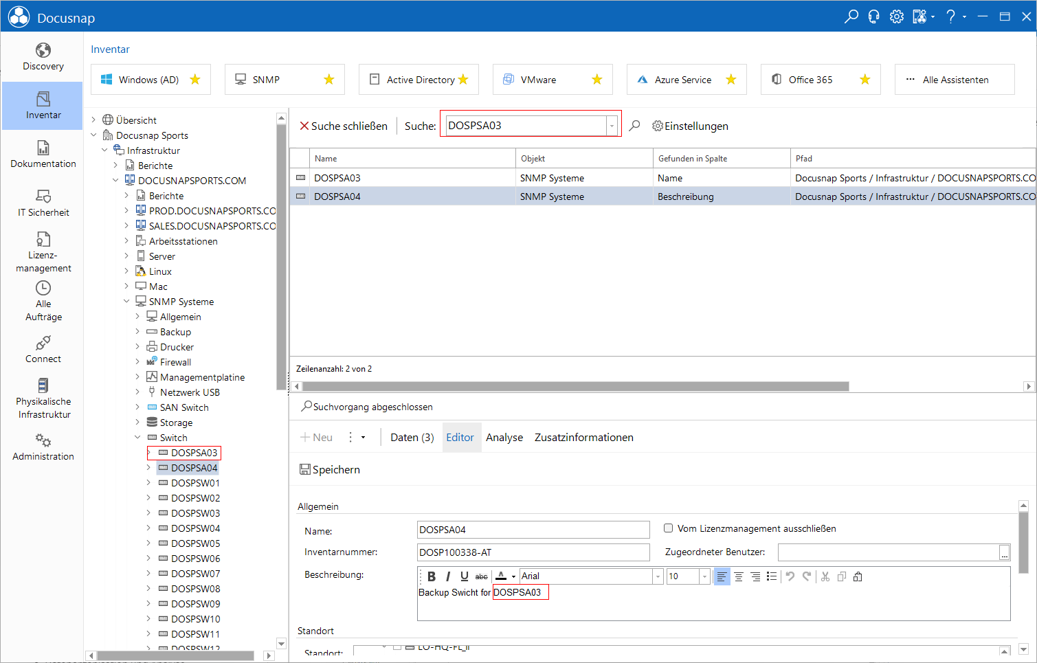 Docusnap Enterprise Suche ausführen einzelner Wert Docusnap Enterprise Suche ausführen einzelner Wert