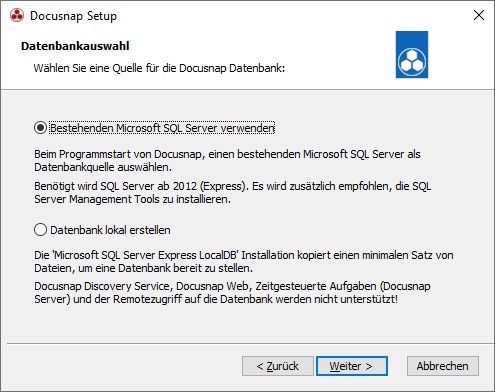 Docusnap Setup Datenbankauswahl Docusnap Setup Datenbankauswahl
