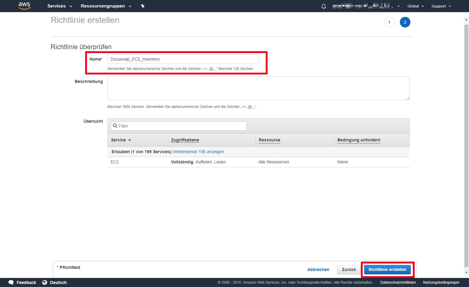 Docusnap AWS Umgebung Richtlinie prüfen Name Docusnap AWS Umgebung Richtlinie prüfen Name