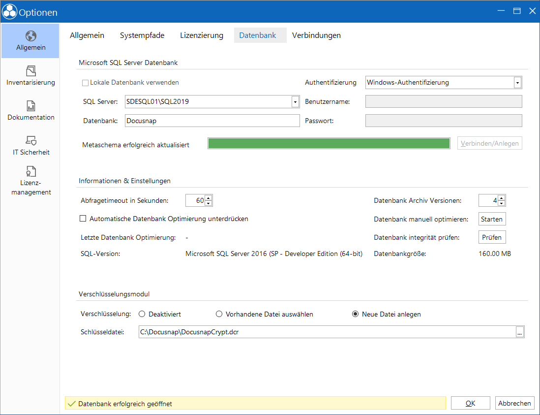 Docusnap-Optionen Datenbank sql Docusnap-Optionen Datenbank sql