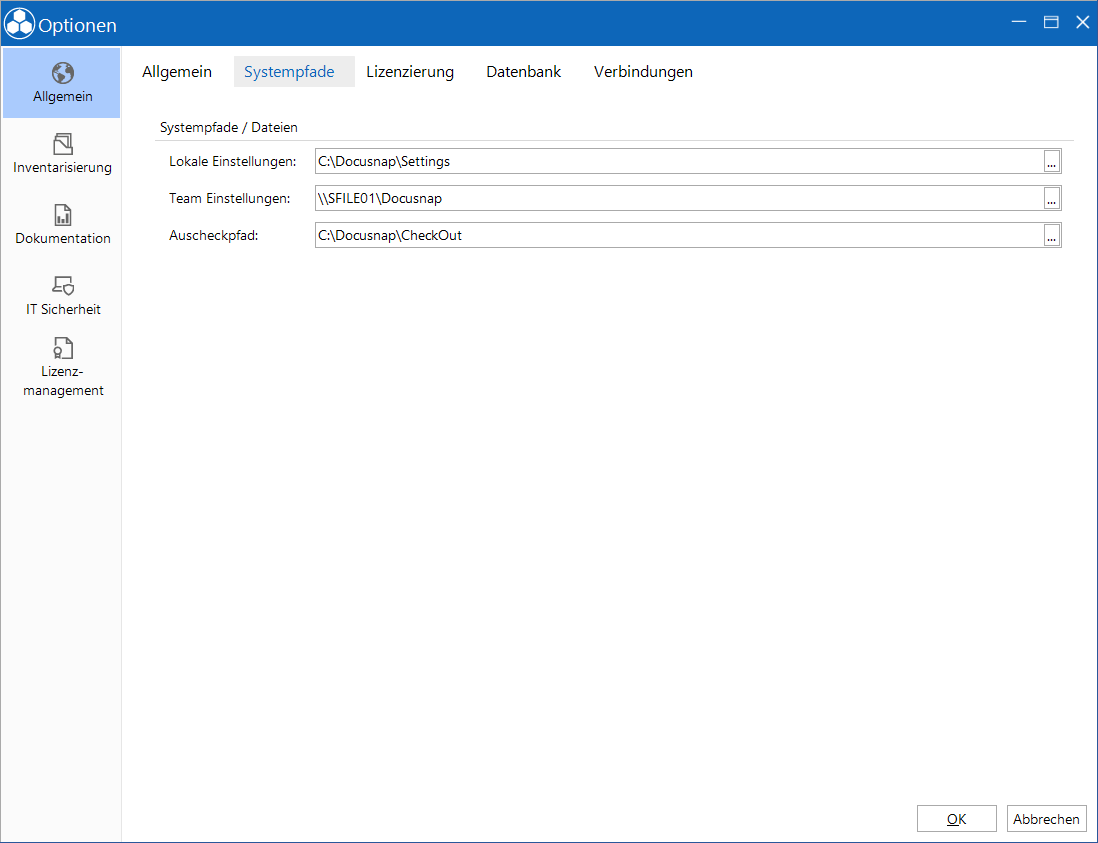 Docusnap-Optionen Systempfade Docusnap-Optionen Systempfade