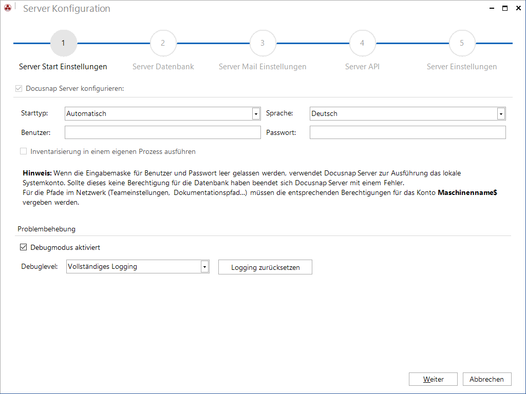 Docusnap-Konfiguration Server Start debug Docusnap-Konfiguration Server Start debug