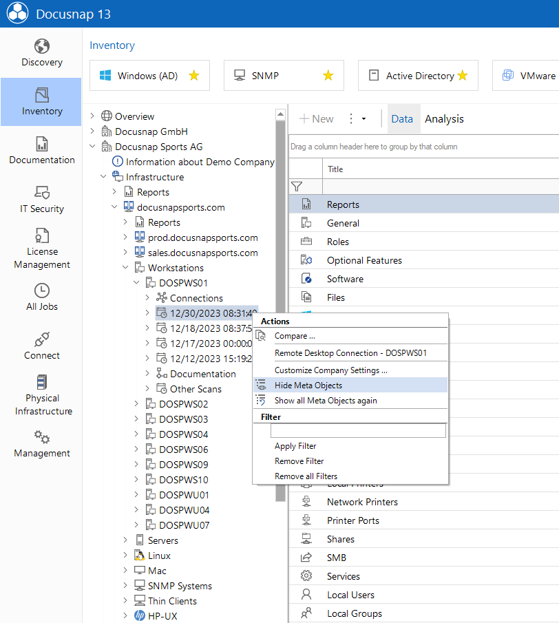 Docusnap hide meta objects context menu snapshots Docusnap hide meta objects context menu snapshots