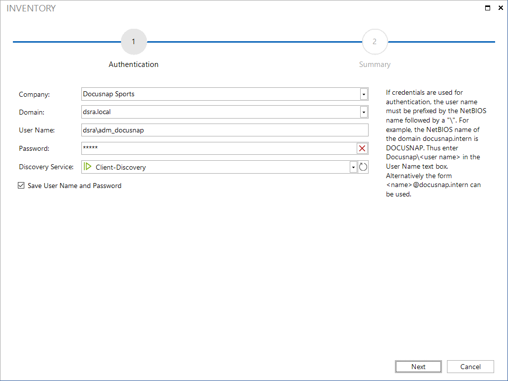 Docusnap Inventory Initial Scan Authentication