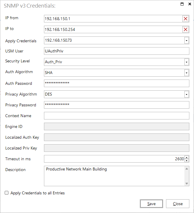 Docusnap Inventory SNMP v3 IP Range Information