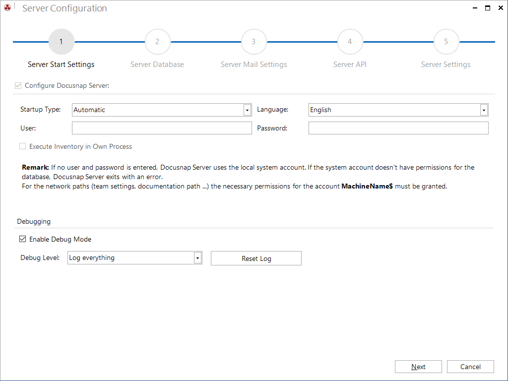 Docusnap configuration server start debug