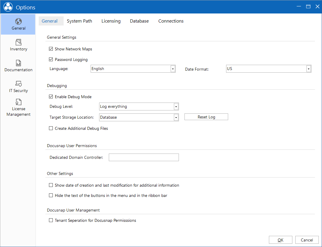 Docusnap tools options generel